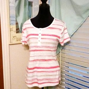 Croft & Barrow Classic Tee M white , coral & gold stripe, like new